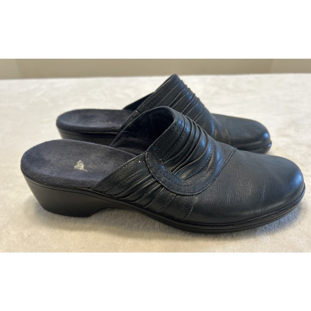 Clarks Women’s Shoes Size 8 Blue Mules Leather Slip On Clogs Wedge Heel